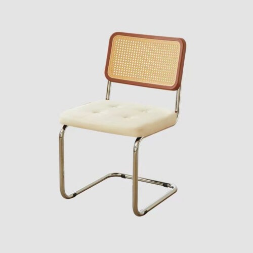 Cantilever Dining Chair PP Rattan Backrest Upholstered PU Seat Chrome Metal Frame Mid-Century Modern Side Chair - Metal di...
