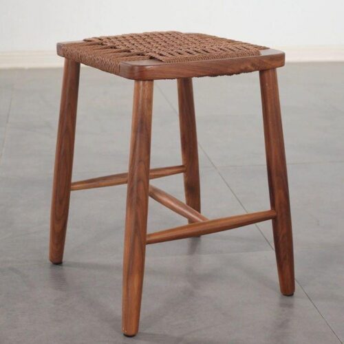 Rubber Wood Stool Hand‑Woven Rope Seat Solid Wood Square Side Stool Dining Bar Stool for Home Kitchen Living Room - Soli...