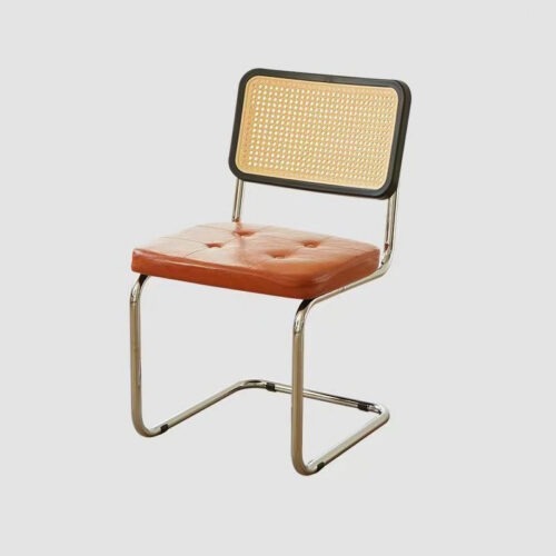 Cantilever Dining Chair PP Rattan Backrest Upholstered PU Seat Chrome Metal Frame Mid-Century Modern Side Chair - Metal di...