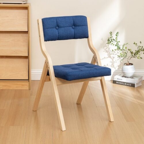 Poplar Wood Folding Dining Chair Linen Fabric Padded Foldable Dining Side Chair for Kitchen Apartment - Solid wood dining ...