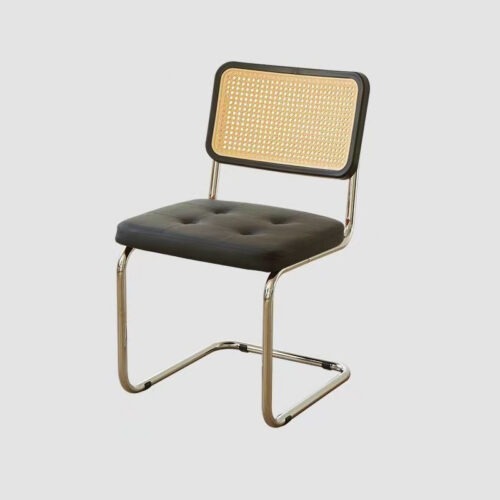 Cantilever Dining Chair PP Rattan Backrest Upholstered PU Seat Chrome Metal Frame Mid-Century Modern Side Chair - Metal di...