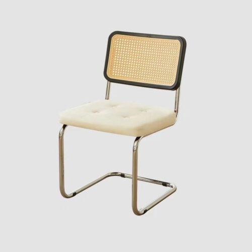 Cantilever Dining Chair PP Rattan Backrest Upholstered PU Seat Chrome Metal Frame Mid-Century Modern Side Chair - Metal di...