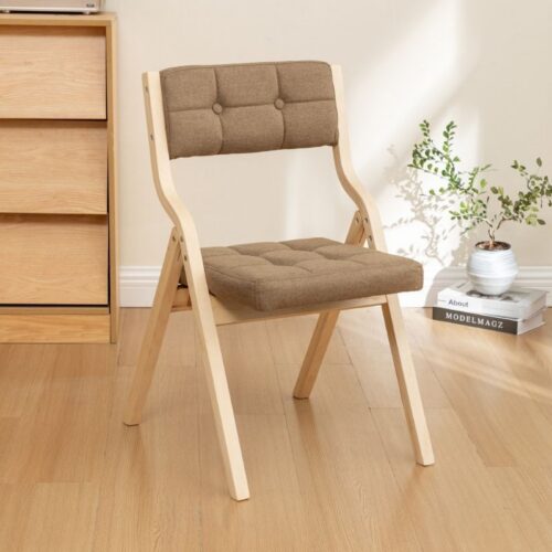 Poplar Wood Folding Dining Chair Linen Fabric Padded Foldable Dining Side Chair for Kitchen Apartment - Solid wood dining ...