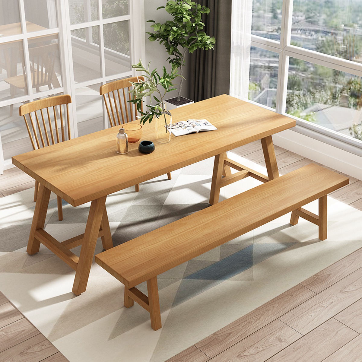 Rectangular solid wood dining table with A-shape legs - pairs with the QONKA HOME sideboard