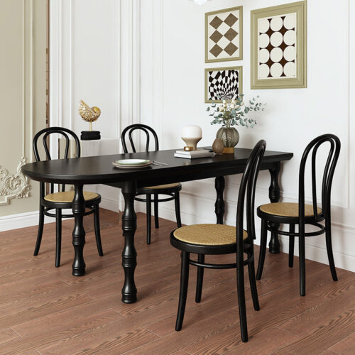 Oval Solid Pine Wood Dining Table Vintage Turned Leg Black Dinner Table - Dining table - QONKA HOME