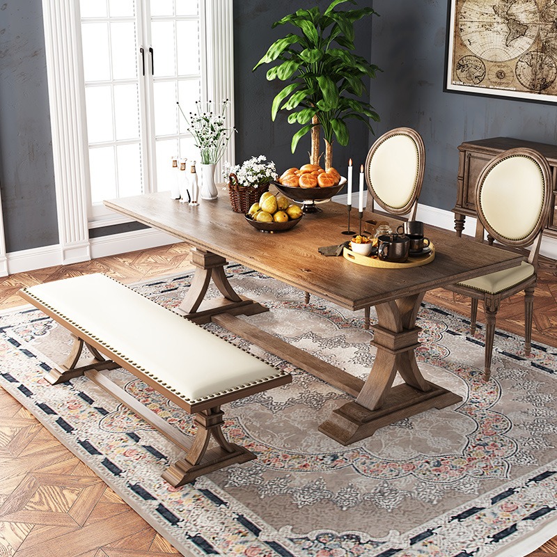 Rectangular Solid Pine Wood Dining Table Farmhouse Trestle Leg Dinner Table - Dining table - QONKA HOME