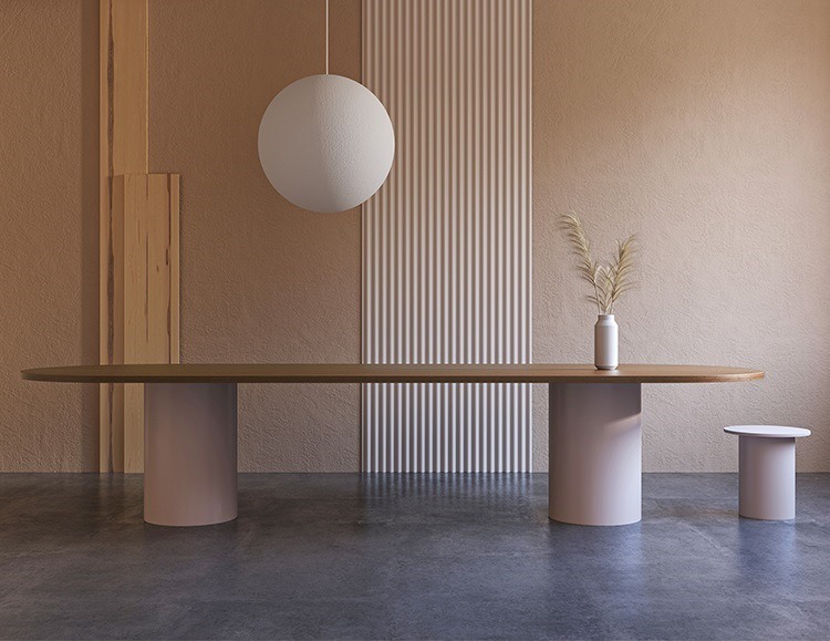 Oval Solid Pine Wood Dining Table Two Cylinder Base Minimalist Wabi Sabi Dinner Table - Dining table - QONKA HOME
