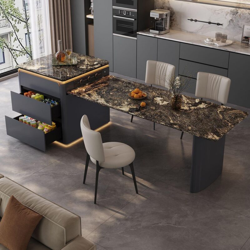 Extendable Natural Luxury Stone Dining Table Island Integrated Design Solid Wood Frame With Storage & LED Light - Din...