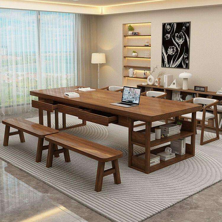 Solid Pine Wood Multi-function Dining Table with Side Drawers & Bottom Storage Shelf - Dining table - QONKA HOME