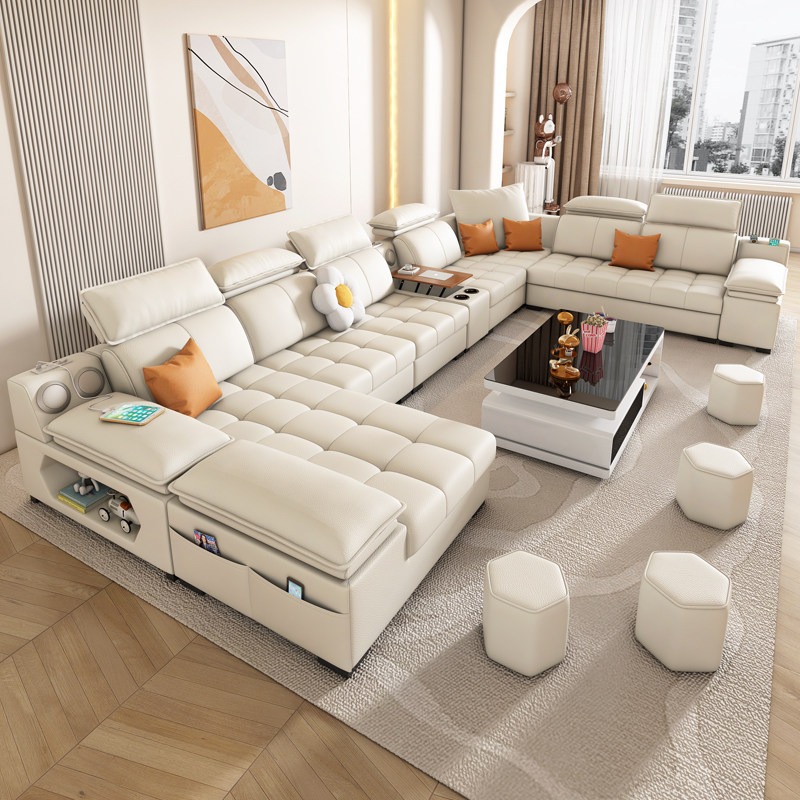Cream-colored Faux Leather Sofa with a Cat-scratch Pattern, Modern and Minimalist - Living room furniture - QONKA HOME