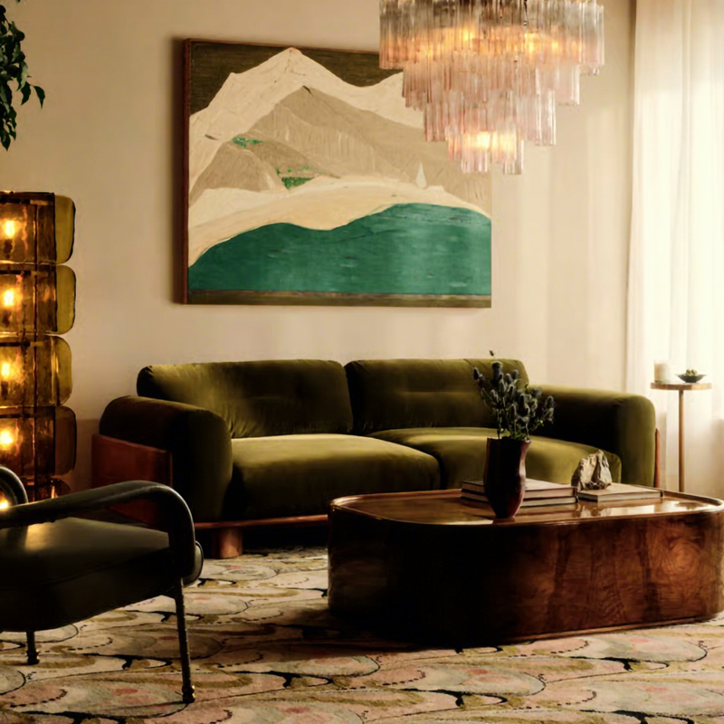 American Retro-Style Solid Wood Straight-Arm Green Velvet Upholstered Sofa - Living room furniture - QONKA HOME