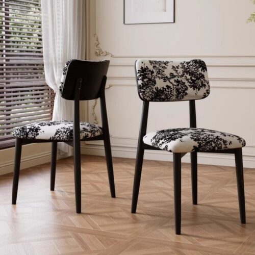 Vintage Printed Fabric Dining Chair, Solid Wood Legs Upholstered Side Chair  with Cat scratch leather& Lambswool - So...