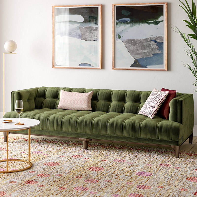 French Mid-century Green Velvet Sofa, Nanyang Retro Style - Living room furniture - QONKA HOME