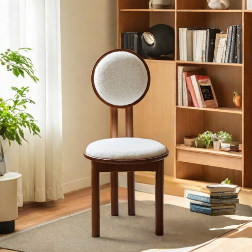 Vintage Solid Wood Dining Chair With Round Hollow Backrest, Cream Boucle Teddy Fabric Upholstered Seat, Mid Century Modern...
