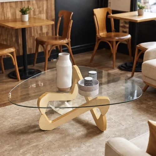 Modern  rounded triangle Tempered Glass Coffee Table, Unique Crossed Solid Wood Leg Art Center Table - Coffee table - QONK...