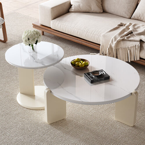 Cream Style Round Sintered Stone Coffee Tables Modern wooden leg Center Table said table - Bedside table - QONKA HOME