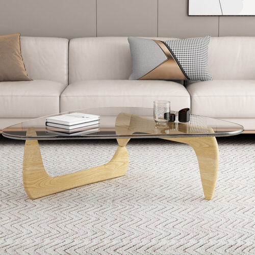 Mid‑Century Irregular Amber Glass Coffee Table, Asymmetrical Tea Table with Rubber Wood Legs - Coffee table - QONKA HOME