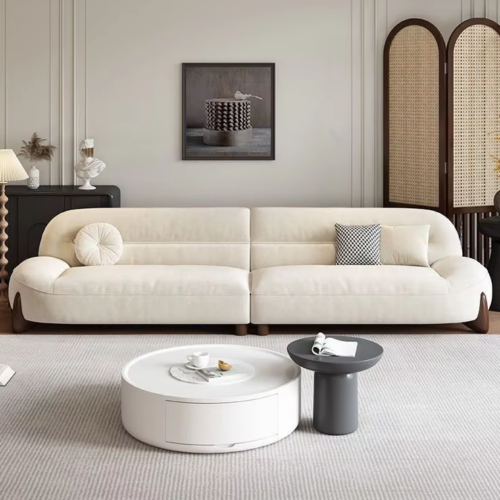 Minimalist Cream-Toned Cat-Scratch-Resistant Leather Sofa with Curved Design - Living room furniture - QONKA HOME