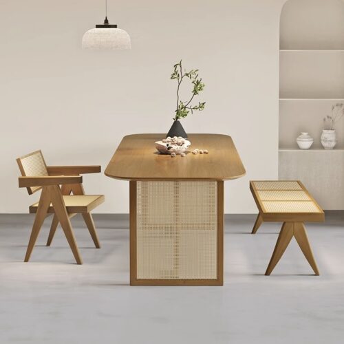 Oval Solid Wood Dining Table Rattan Panel Leg Wabi Sabi Dinner Table Pine / Ash Wood Optional - Dining table - QONKA HOME