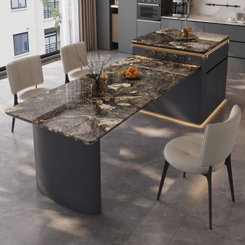 Extendable Natural Luxury Stone Dining Table Island Integrated Design Solid Wood Frame With Storage & LED Light - Din...
