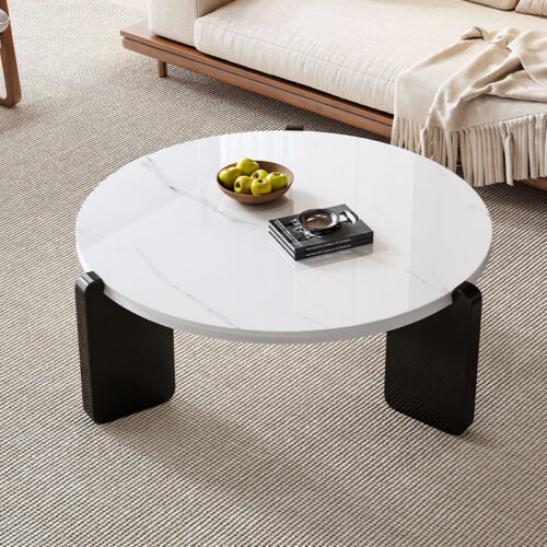 Cream Style Round Sintered Stone Coffee Tables Modern wooden leg Center Table said table - Bedside table - QONKA HOME