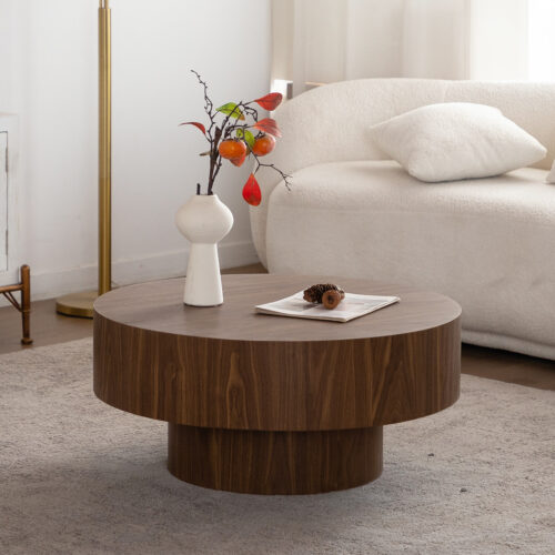 Modern Wooden Grain Circular Center Table, Cylindrical Base Design with MDF - Coffee table - QONKA HOME