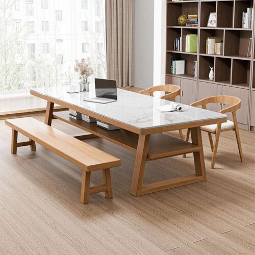 Rectangular Sintered Stone Dining Table Solid Pine Wood Frame With Bottom Storage Shelf - Dining table - QONKA HOME