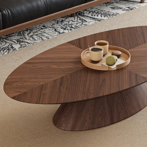 Mid‑Century Modern Oval Walnut Coffee Table, Pedestal Base Wood Coffee Table - Coffee table - QONKA HOME