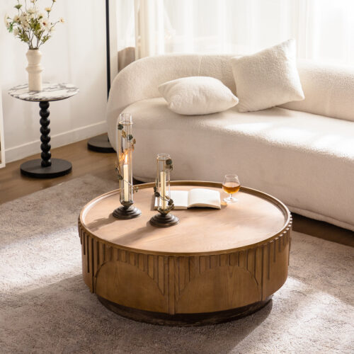 Mid‑Century Round Wood Coffee Table, Carved Fluted Pedestal Center Table, Vintage Distressed Wooden Tea Table - Coffee t...
