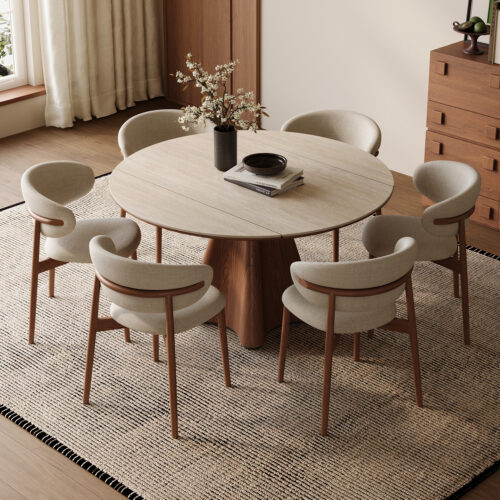 Extendable Round Dining Table Sintered Stone Top with Solid Wood Base and Fiberglass Table Leg - Dining table - QONKA HOME
