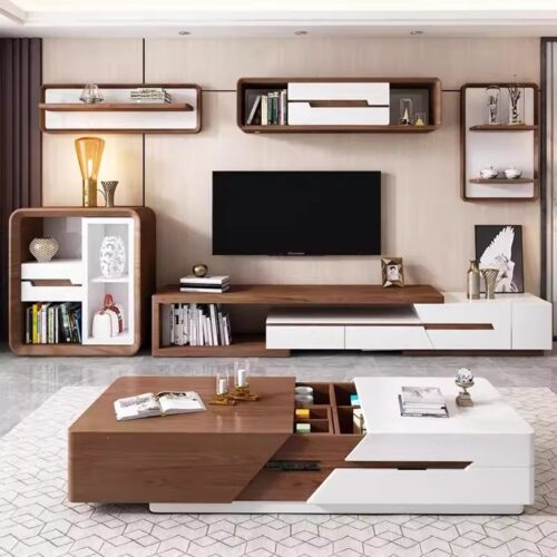 Modern Living Room Furniture Set, Multi‑functional Storage Coffee Table + Retractable TV Stand + Side Cabinet Wood Grain...