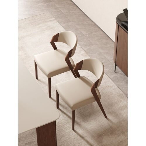 Italian Minimalist Solid Wood Arm Dining Chair PU Leather Upholstered Side Chair Ergonomic Curved Backrest Chair - Solid w...