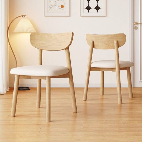 Nordic Solid Wood Dining Chair with Curved Backrest & PU Padded Seat, Modern Minimalist Wooden Chair - Solid wood din...
