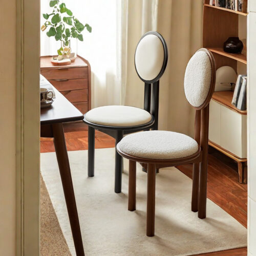 Vintage Solid Wood Dining Chair With Round Hollow Backrest, Cream Boucle Teddy Fabric Upholstered Seat, Mid Century Modern...