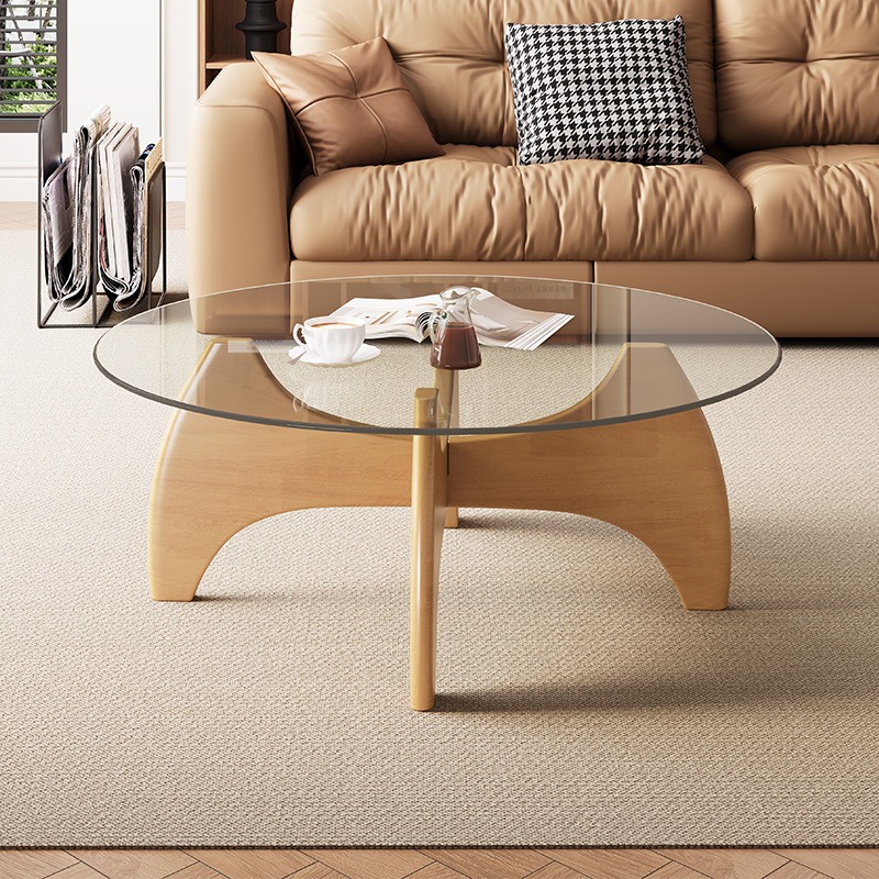 Mid‑Century Round Clear Glass Coffee Table, Tripod Wooden Leg Transparent Center Table - Coffee table - QONKA HOME
