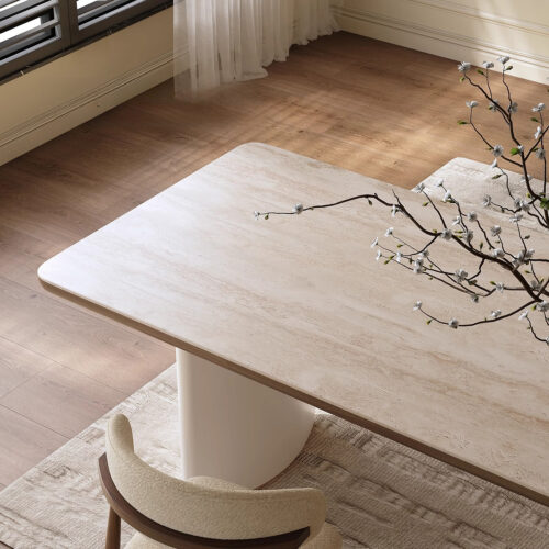 Modern Rectangular Dining Table Sintered Stone Top with Solid Wood Legs Cream Style Dinner Table - Dining table - QONKA HOME
