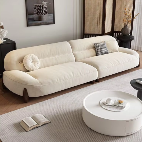 Minimalist Cream-Toned Cat-Scratch-Resistant Leather Sofa with Curved Design - Living room furniture - QONKA HOME