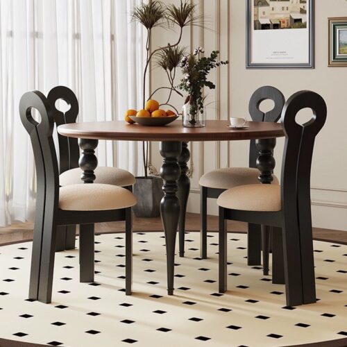 Round Solid Pine Wood Dining Table Vintage Turned Wood Leg Dinner Table - Dining table - QONKA HOME