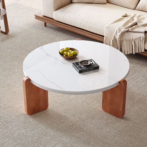 Cream Style Round Sintered Stone Coffee Tables Modern wooden leg Center Table said table - Bedside table - QONKA HOME