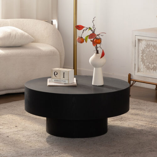 Modern Wooden Grain Circular Center Table, Cylindrical Base Design with MDF - Coffee table - QONKA HOME