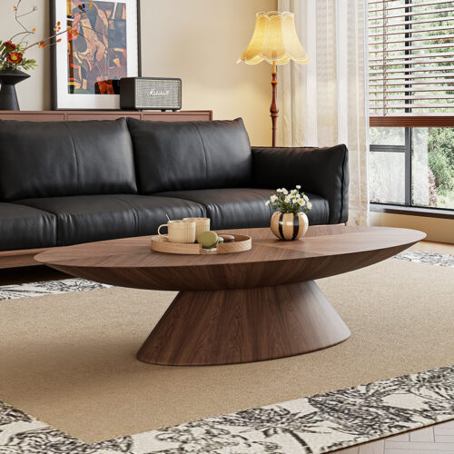 Mid‑Century Modern Oval Walnut Coffee Table, Pedestal Base Wood Coffee Table - Coffee table - QONKA HOME