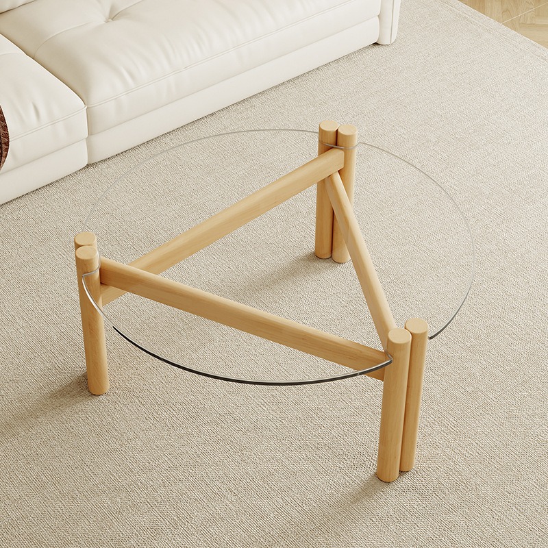Modern minimalist Round Clear Glass Coffee Table, Tripod Wooden Leg Transparent Center Table - Coffee table - QONKA HOME