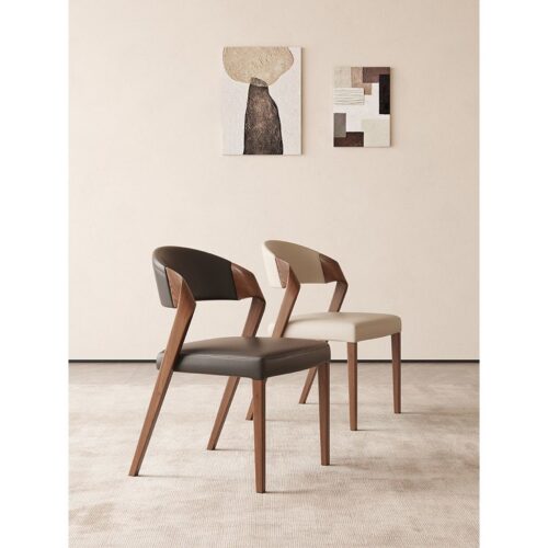 Italian Minimalist Solid Wood Arm Dining Chair PU Leather Upholstered Side Chair Ergonomic Curved Backrest Chair - Solid w...