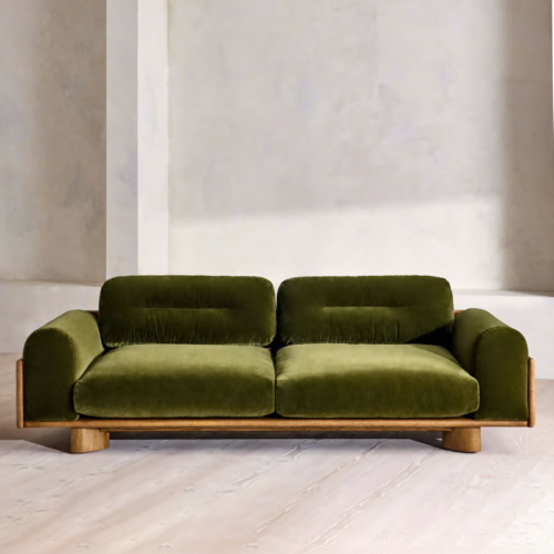 American Retro-Style Solid Wood Straight-Arm Green Velvet Upholstered Sofa - Living room furniture - QONKA HOME