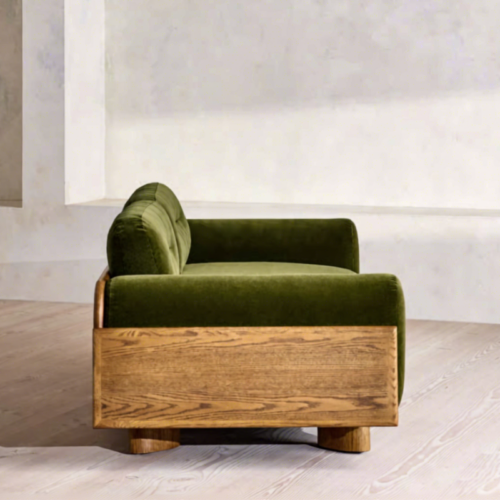 American Retro-Style Solid Wood Straight-Arm Green Velvet Upholstered Sofa - Living room furniture - QONKA HOME