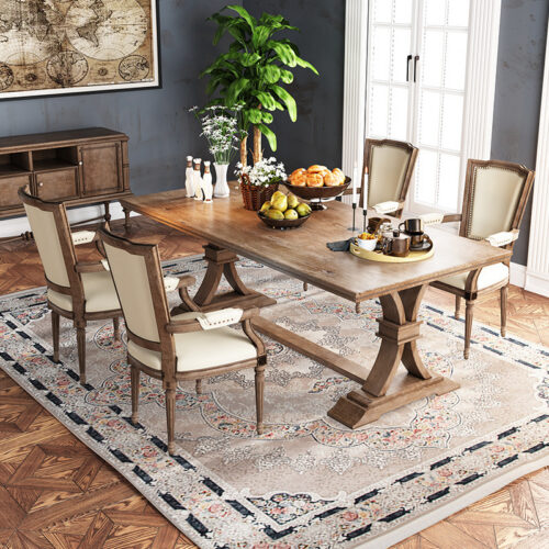 Rectangular Solid Pine Wood Dining Table Farmhouse Trestle Leg Dinner Table - Dining table - QONKA HOME