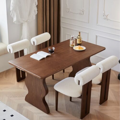 Rectangular Solid Pine Wood Dining Table Wavy Sculptural Leg Mid Century Dinner Table - Dining table - QONKA HOME