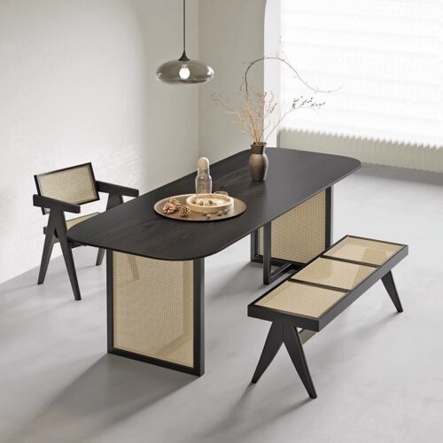 Oval Solid Wood Dining Table Rattan Panel Leg Wabi Sabi Dinner Table Pine / Ash Wood Optional - Dining table - QONKA HOME