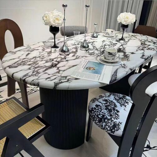 Oval Artificial Marble Dining Table Fluted Carbon Steel Leg Modern Luxury Dinner Table - Dining table - QONKA HOME