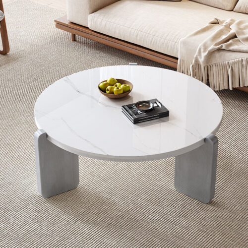 Cream Style Round Sintered Stone Coffee Tables Modern wooden leg Center Table said table - Bedside table - QONKA HOME